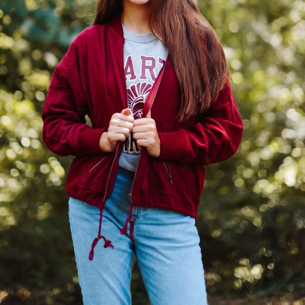 Matilda Jane Womens Gauze Bomber Jacket Size S Burgundy Minimalist Casual Chic‎